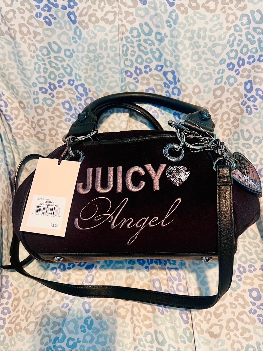 New Black Juicy Couture Purse Juicy Angel Bowler Bag Handbag Terry Cloth Satchel